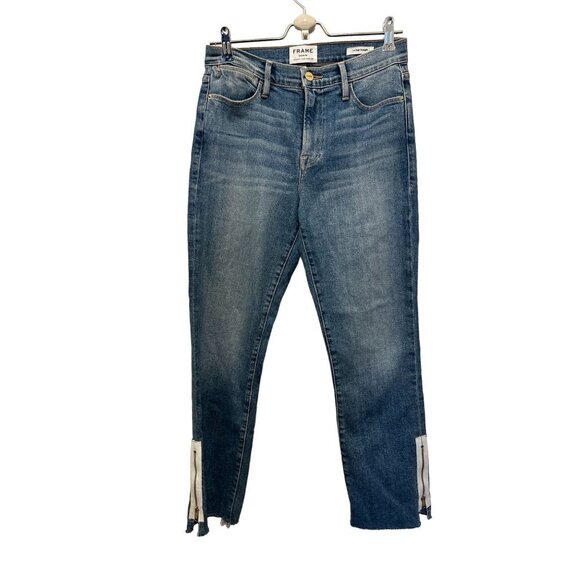 Women's FRAME Le Hight Strait Blue Jeans White Zipper Bottom of the Leg Pants 28 - Picture 1 of 9
